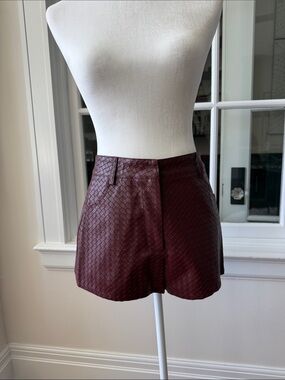 High-Rise Woven Faux-Leather Shorts in Deep Burgundy
